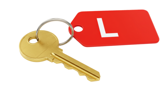 Isolated Golden Key with Red L Plate Keychain for Learner Driver