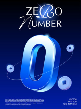 3d 0 percent in metal with coins flying around, isolated on dark blue background. Zero percent interest rate for banking and credit shopping banner background. 3d number letter. Vector illustration