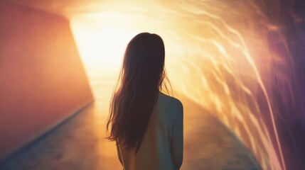Woman walking towards bright light at the end of long tunnel