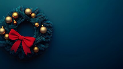 Naklejka premium Elegant Christmas Wreath Gold Ornaments Red Bow Teal Background Holiday Decoration
