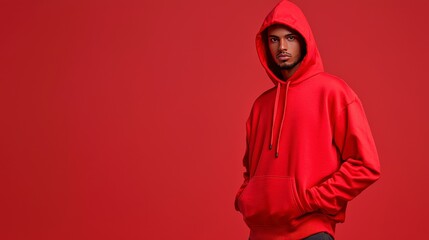 Young man in bright red hoodie stands confidently against a solid red background, showcasing casual streetwear style and attitude
