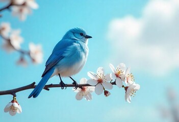 Fluffy Blue Bird on Cherry Blossom Branch with White Flowers and Soft Bokeh Sky &ndash; Serene Spring Nature Scene