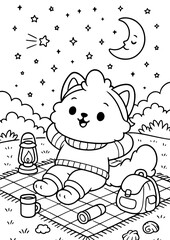 A fluffy kitten with soft cheeks and a big tail is lying on a checkered blanket at night, gazing at the starry sky. This is a black and white line art illustration for children’s coloring books.