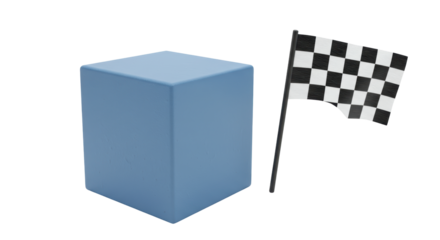 Isolated Blue Cube and Checkered Flag Representing Success and Achievement