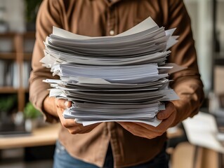 Person Holding Stack of Papers in Modern Office Environment