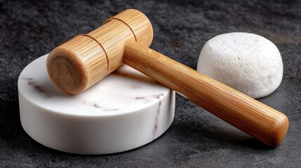 A bamboo mallet rests on a round marble slab, with a white round item nearby, all set against a dark, textured background.