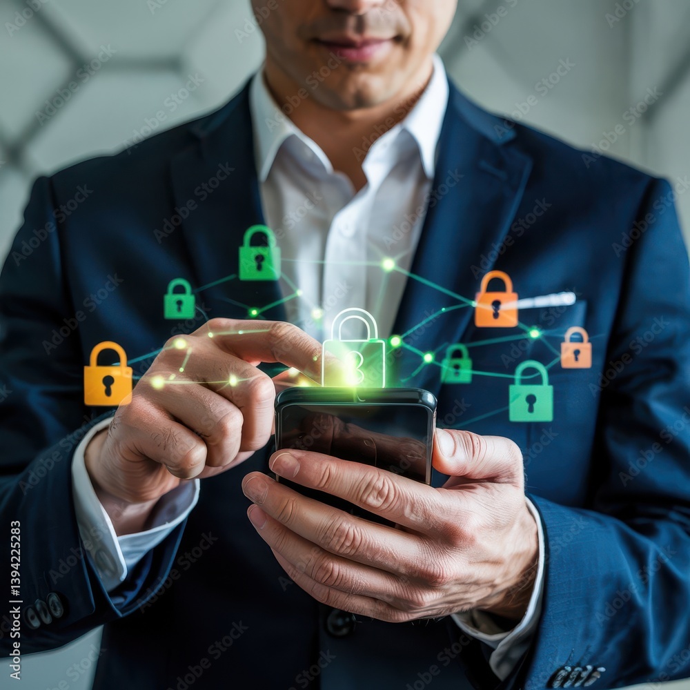 Poster businessman securing mobile data with advanced encryption technology