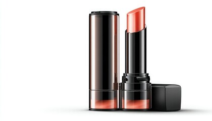 Obraz premium A stylish lipstick in a sleek black tube, showcasing a vibrant coral shade, perfect for enhancing beauty and elegance.