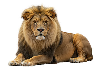 Fototapeta premium Majestic lion resting on a rock, showcasing its powerful presence in nature