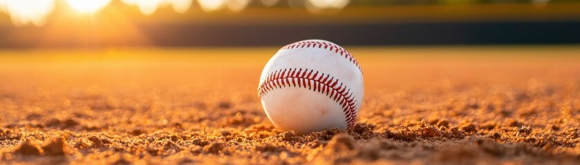 Close-Up View of a Single Baseball on the Ground at Sunset on a Tranquil Baseball Field