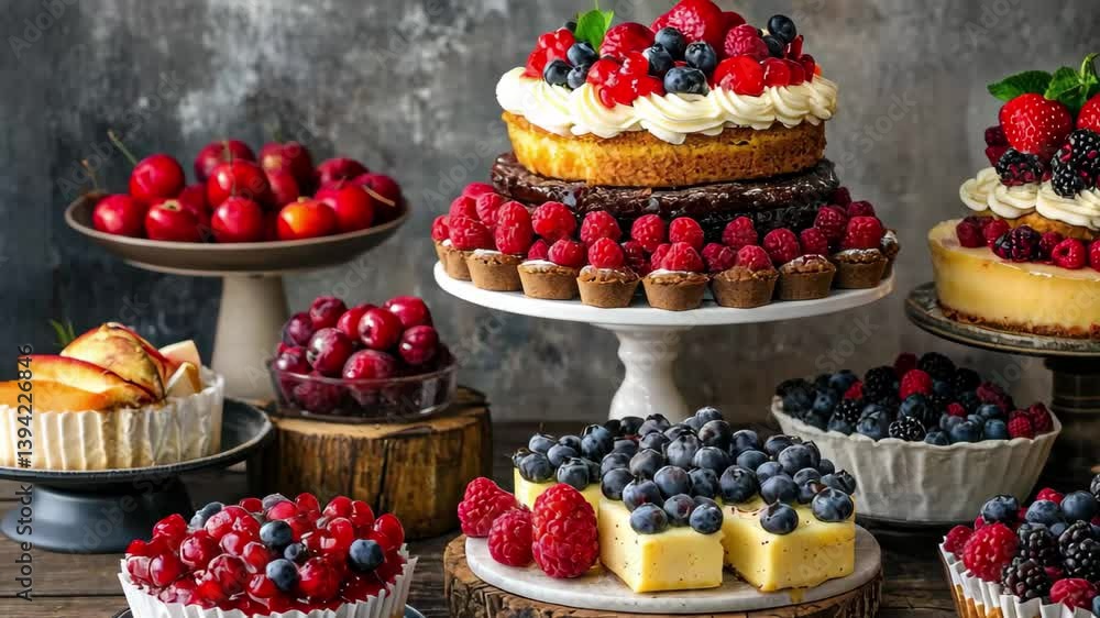 Poster assorted desserts featuring fresh berries arranged beautifully on a rustic table setting for a delig