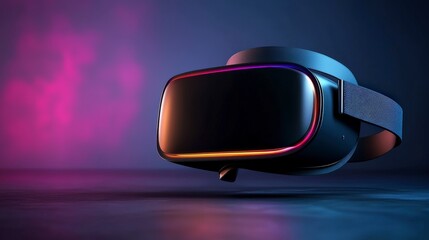 Realistic Virtual Reality Headset with Colorful Neon Lighting on Stylish Futuristic Background