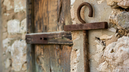 Rustic iron hook on stone wall near wooden door, showcasing vintage charm