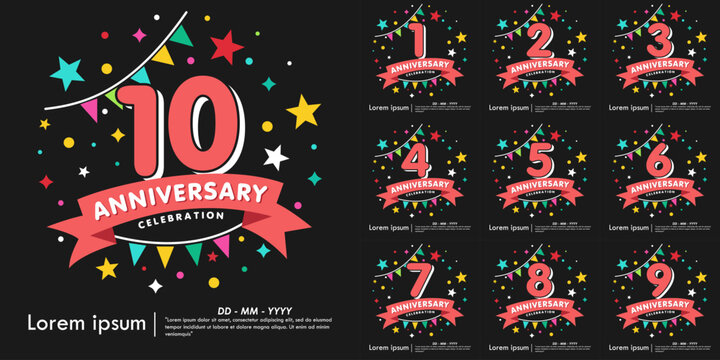 Set of 1st-10th years anniversary celebration emblem. anniversary logo isolated with colorful stars and bunting flag and ribbon. vector illustration template design for web, flyers, poster, invitation
