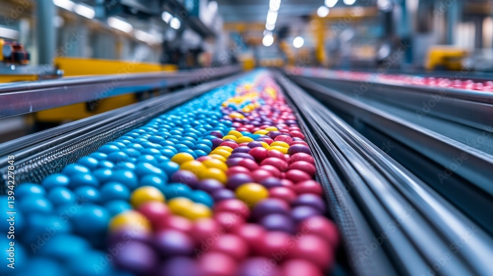 Poster Inside a bustling candy factory, a conveyor belt is lined with an array of colorful sweets