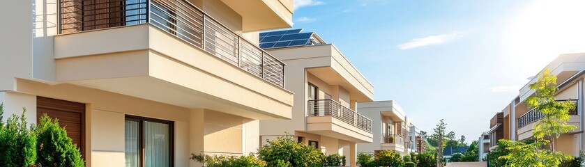 Fototapeta premium Modern Residential Architecture with Solar Panels in a Sunny Neighborhood Setting and Clear Sky
