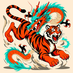 Stylized Dragon and Tiger Clash, Orange Stripes, Turquoise Mane, Dynamic Pose