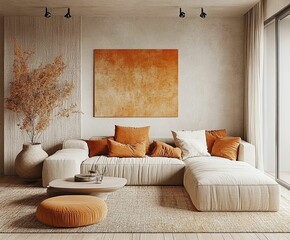 Interior of modern living room with orange sofa 3d render image