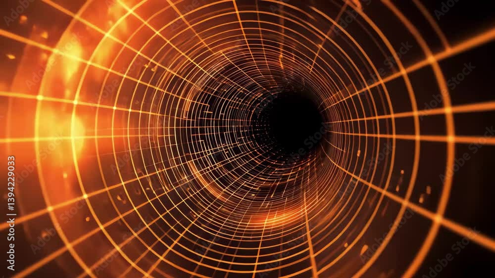 Poster exploring vibrant wormhole tunnel with orange flashing grid and seamless design, 3d wormhole tunnel 