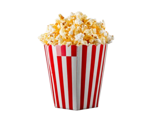striped popcorn bag full of popcorn isolated on transparent background, generative ai