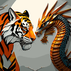 Tiger and Golden Dragon Encounter, Stylized Illustration.