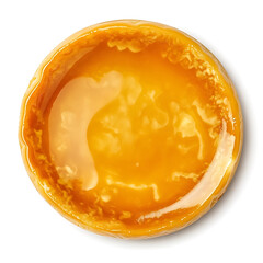 Rich and creamy caramel flan with a silky texture and golden caramelized top, isolated white background, modern art style