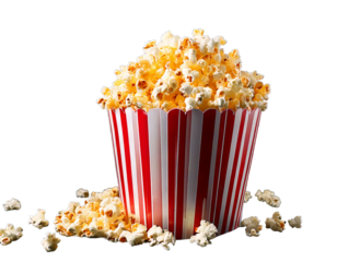 striped popcorn bag full of popcorn isolated on transparent background, generative ai