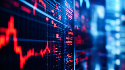 Abstract display of stock market data in red on a digital screen with fluctuating line graph and glowing interface in a futuristic trading environment.