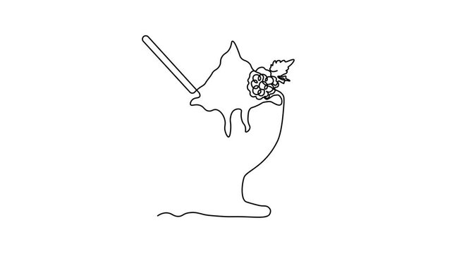 Abstract dessert with cream, raspberry, blackberry and straw in creamer, ice cream, cocktail. Self drawing animation one continuous line draw, logo