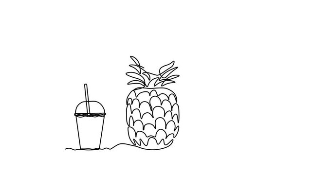abstract pineapple juice glass with lid and straw, Self drawing animation one continuous line draw, logo