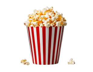 striped popcorn bag full of popcorn isolated on transparent background, generative ai