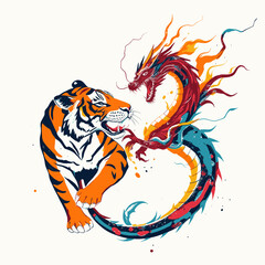 Tiger and Dragon Clash: Vibrant Illustration of Mythic Encounter.