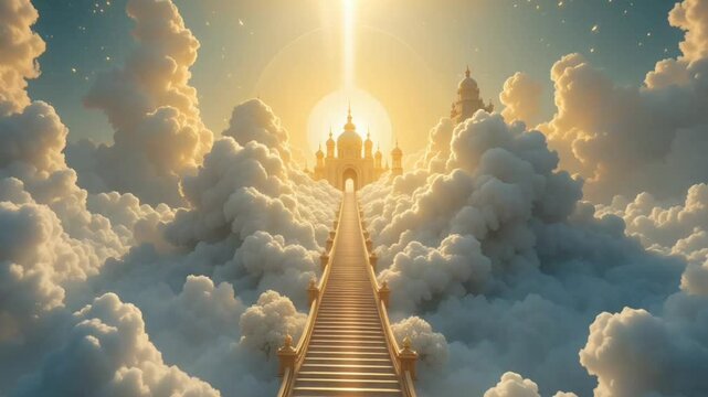 Heavenly stairway clouds castle sunlight fantasy ethereal sky dreamscape paradise divine light gold 4k videos 