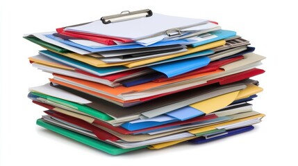 Colorful Stack of Folders and Papers with Clipboard Isolated on White Background