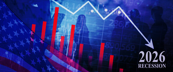 United States Economic Recession 2026 – Financial Crisis Concept with Graphs and Falling Arrow