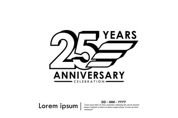 25th years anniversary celebration emblem. black anniversary logo isolated with ribbons on white background. vector illustration template design for web, flyers, poster, invitation and greeting card	