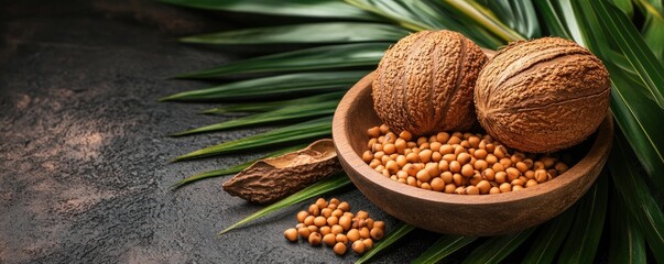 Dried coconuts and seeds on a dark surface with tropical leaves