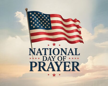 A majestic American flag billowing in a peaceful sunset sky, celebrating National Day of Prayer with a vintage, patriotic feel. - Powered by Adobe