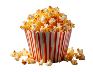 striped popcorn bag full of popcorn isolated on transparent background, generative ai