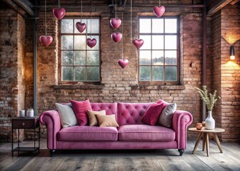 Fototapeta premium Romantic Urban Chic Living Room Decor for Valentines Day Pink Sofa Stylish Accents and Cozy Vibes