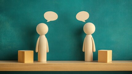Wooden figures dialogue, shelf, teal