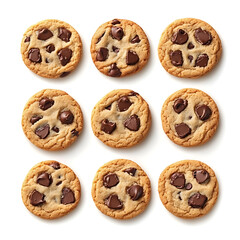 Rich and creamy chocolate chip cookies with soft, gooey centers and golden edges, isolated white background