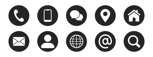 Contact us icon set. Web icons , mobile, telephone, call, location, globe, world, message, chat, mail, address, home, search, website, icon - Contact information icons business card symbols