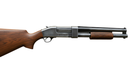 Isolated Pump-Action Shotgun with Wooden Stock and Foregrip