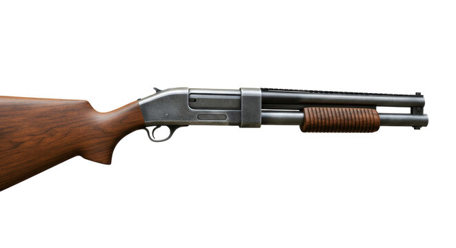 Isolated Pump-Action Shotgun with Wooden Stock and Foregrip