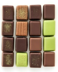Fototapeta premium Assorted gourmet chocolates arranged in a grid pattern, showcasing various flavors and textures