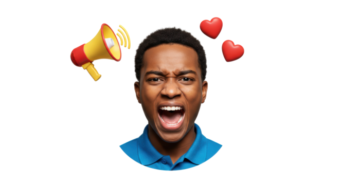 Isolated Portrait Black Man Shouting with Megaphone and Hearts