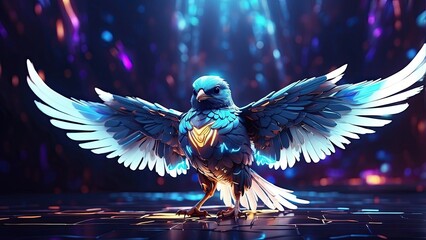 an image of a blue bird flying through the air with sparkles on the background