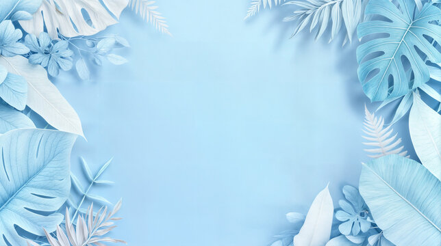 Tropical Plant Border Design - Light blue gradient turtleback bamboo with fern leaf surround for invitation/greeting card/social media collateral/PPT cover