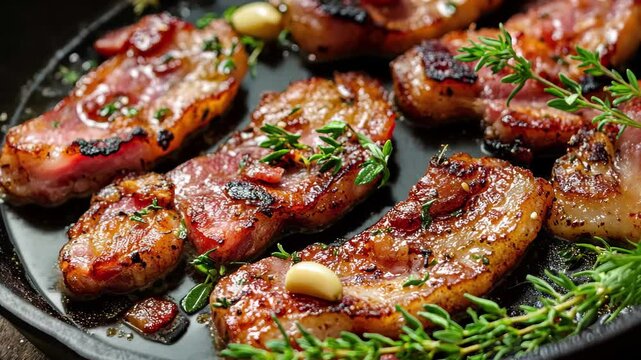 Crispy bacon frying in a cast iron pan with garlic and herbs at home kitchen, Crispy bacon frying in cast iron pan with garlic and fresh herbs Culinary cooking concept